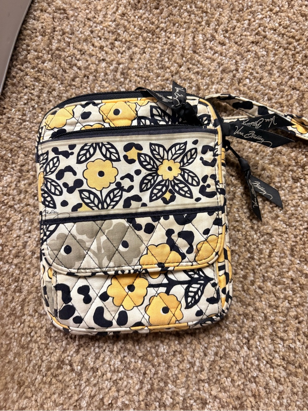 Vera Bradley Yellow Floral Quilted Crossbody with Black Accents